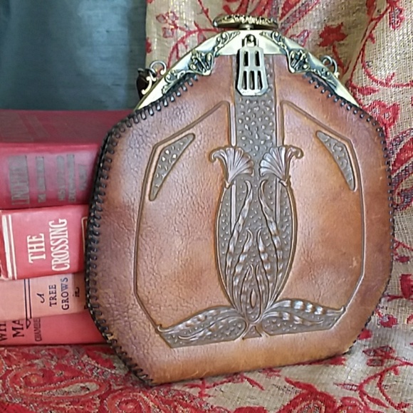 Vintage Justin 1915 Handbags - Vintage Justin 1915 Art Deco Tooled Leather Bag